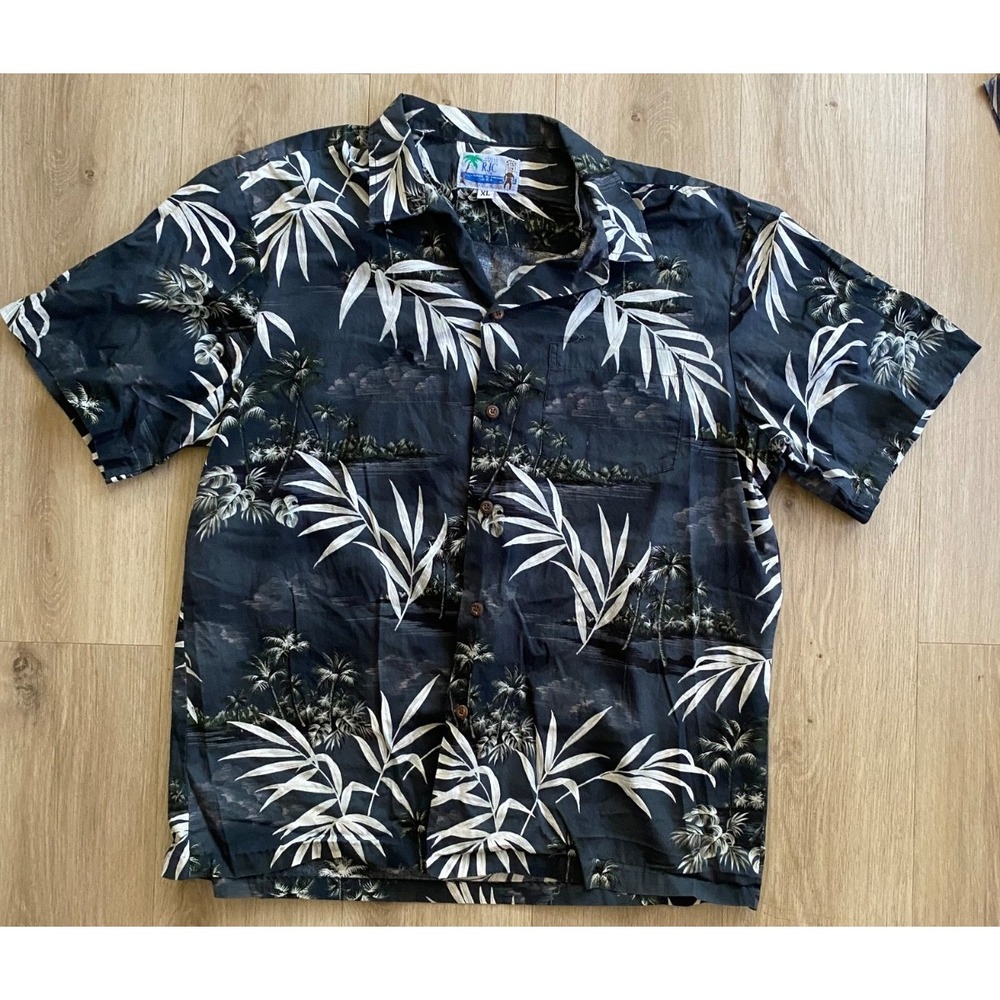 Vintage RJC Mens XL Hawaiian Shirt Black Tropical Leaf Made in Hawaii Aloha